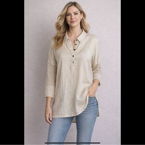 J. Jill Love Linen Tunic Top | 100% Linen Mixed Weave Dolman Sleeve | Size L